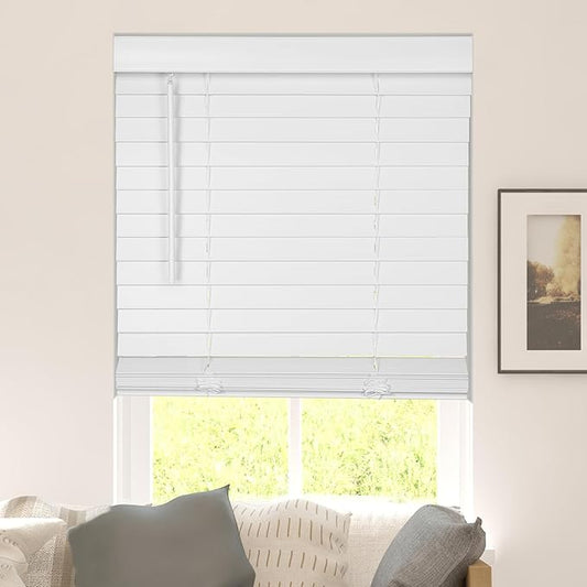 CALYX INTERIORS Faux Wood Blinds with Classic Valance, Cordless, 2" Slat, 68" W x 73" H, Blinds for Indoor Windows, Room Darkening Window Blinds for Home Interior Windows and Doors, Pure White