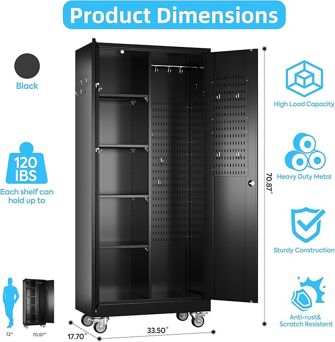 SUXXAN Broom Closet Storage Cabinet with Wheels 71.4"x 33.9"x16.9", Metal Cleaning Cabinets with Hooks and Hanging Rods, Lockable Cabinet with Pegboard, Adjustable Shelf,for Garage, Laundry Room