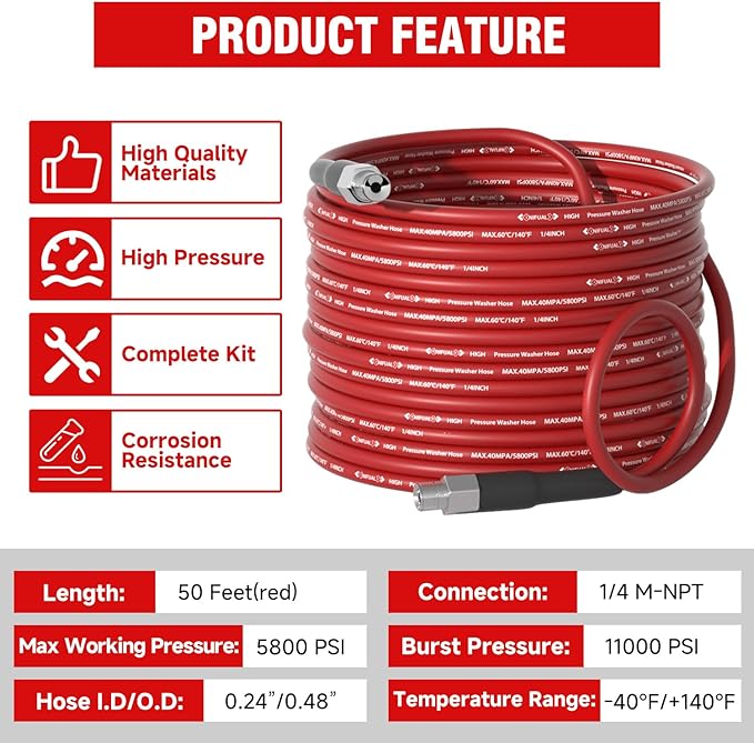 NIFUAL Sewer Jetter Kit for Pressure Washer,50FT 5800PSI Pressure Drain Cleaner 1/4 Inch NPT Corner Rotating and Button Hose Sewer Jetting Nozzle for Homeowners & DIYers (50FT)