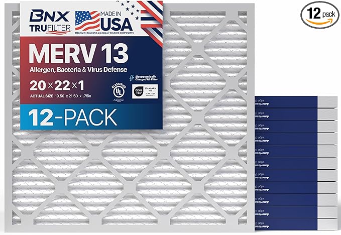 BNX TruFilter 20x22x1 Air Filter MERV 13 (12-Pack) - MADE IN USA - Electrostatic Pleated Air Conditioner HVAC AC Furnace Filters for Allergies, Pollen, Mold, Bacteria, Smoke, Allergen, MPR 1900 FPR 10
