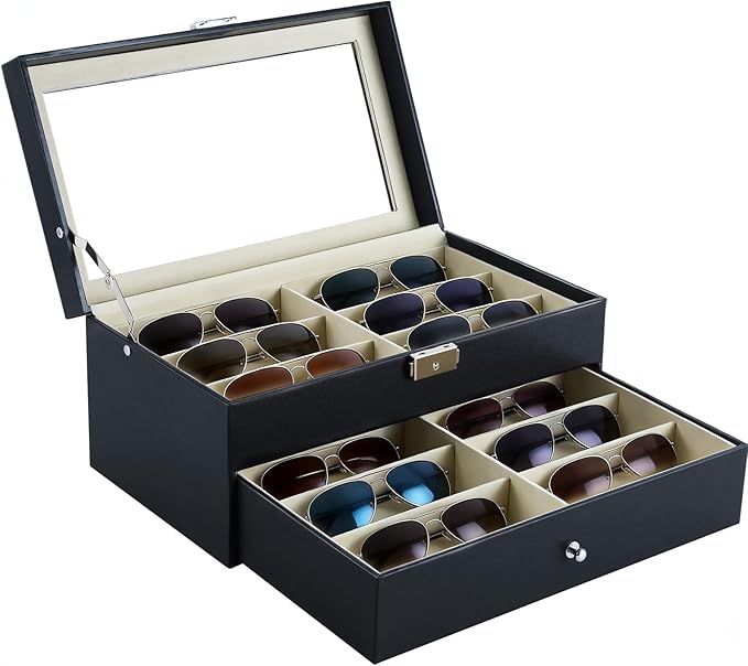 12 Slot Sunglasses Organizer, Lockable Leather Multi Eyeglasses Organizer with Drawers, Eyeglass Frames with Clear Glass Covers for Watch Jewelry Collection, Black