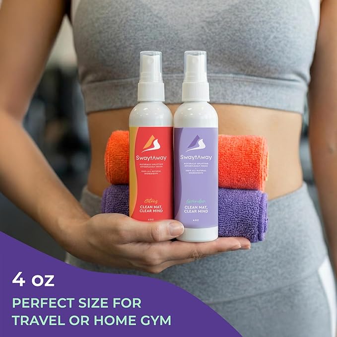 SwaytAway Fitness Mat Mist 2-Pack – 4oz Travel Size Yoga Mat Spray with Towel (Lavender, Citrus) – Aromatherapy-Inspired Blends – Plant-Based, No Rinse, Refreshes & Deodorizes