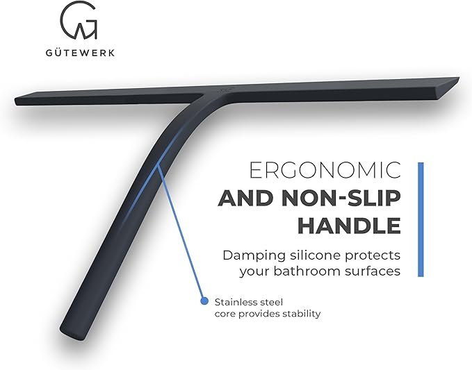 GÜTEWERK Shower Squeegee for Glass Doors, Silicone Window Squeegee, Bathroom and Glass Cleaning - Black - 15 Inch