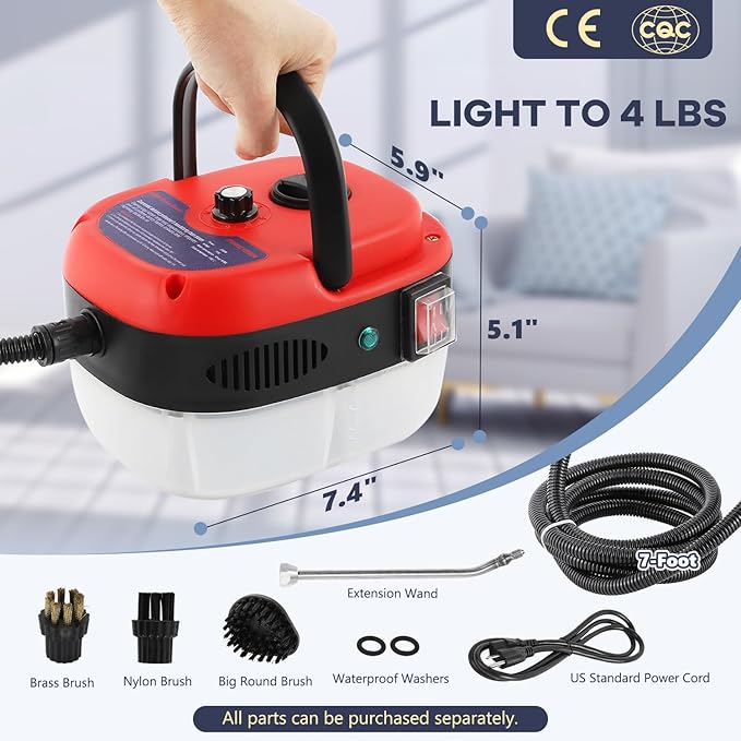 Moongiantgo High Pressure Steam Cleaner, 2500W Portable High Temp Bathroom Power Steamer Cleaning Machine Steam Humidity Adjustable For Home Use Kitchen Grease Car Detailing (110V, Red)