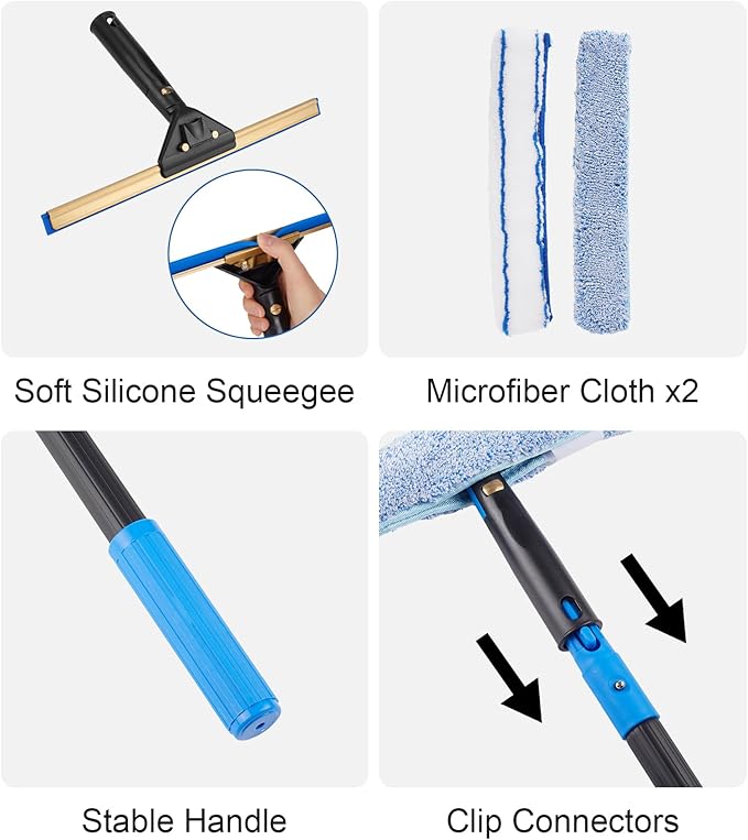 Swivel Squeegee Kit with 4 Extension Poles,Glass Scraper, Bendable Duster, 2 Window Scrubber Cloth for Glass, Car, Floor, Home,Garden