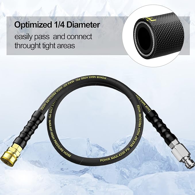 POHIR Pressure Washer Hose - 5 FT Whip Hose with 3/8'' Quick Connect Adapter Set, High Tensile Wire Braid Hose for Pressure Washing, Up to 4200 PSI