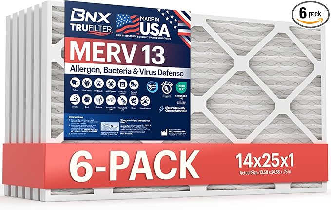 BNX TruFilter 14x25x1 Air Filter MERV 13 (6-Pack) - MADE IN USA - Electrostatic Pleated Air Conditioner HVAC AC Furnace Filters for Allergies, Pollen, Mold, Bacteria, Smoke, Allergen, MPR 1900 FPR 10