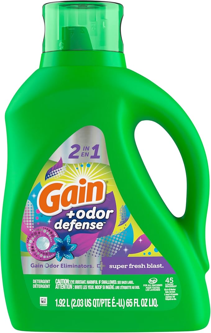 Gain Odor Defense Liquid Laundry Detergent, Super Fresh Blast Scent, 2 x 65 fl oz, 2 x 45 loads, total of 90 loads, 2 in 1, Laundry Detergent Liquid Soap, HE compatible