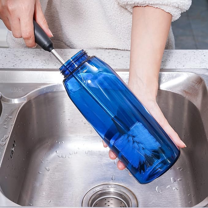 Water Bottle Cleaning Scrubbing Brush with 2 Replaceable Heads, Compatible with Sport Bottles, Tumblers, Mugs, Wine Decanters, Glassware, Flat, 1 Pack (15 in)