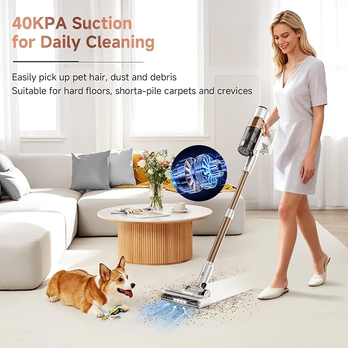 Cordless Vacuum Cleaner: Portable 6-in-1 Stick Vacuum with Anti-Tangle Brush, LED Headlight, Self-Standing, HD display, Rechargeable Vacuum for Pet Hair, Low-Pile Carpet and Hardwood Floor-Off White