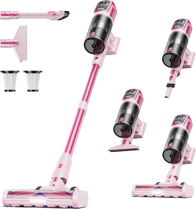 Cordless Vacuum Cleaner,55KPa 650W 65Mins Vacuum Cleaners for Home,Stick Vacuum with LED Display &Anti-tangle Brush and Self-Standing Design,Vacuum Cleaner for Hardwood Floors,Carpet,Pet Hair(Pink）