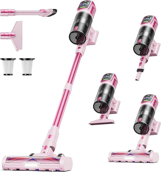 Cordless Vacuum Cleaner,55KPa 650W 65Mins Vacuum Cleaners for Home,Stick Vacuum with LED Display &Anti-tangle Brush and Self-Standing Design,Vacuum Cleaner for Hardwood Floors,Carpet,Pet Hair(Pink）