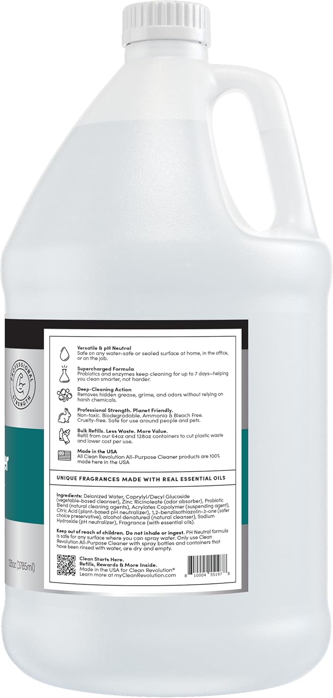 Clean Revolution SuperCharged All Purpose Cleaner Refill with Smart Probiotic + Enzyme Complex, Multi-Surface Kitchen Bathroom & Floor Cleaner, Geranium Mint, 128 Fl Oz