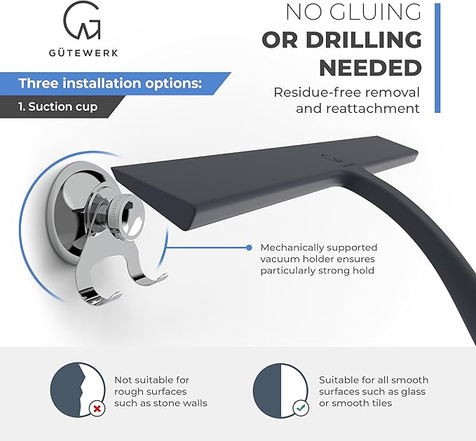 GÜTEWERK Shower Squeegee for Glass Doors, Silicone Window Squeegee, Bathroom and Glass Cleaning - Black - 15 Inch