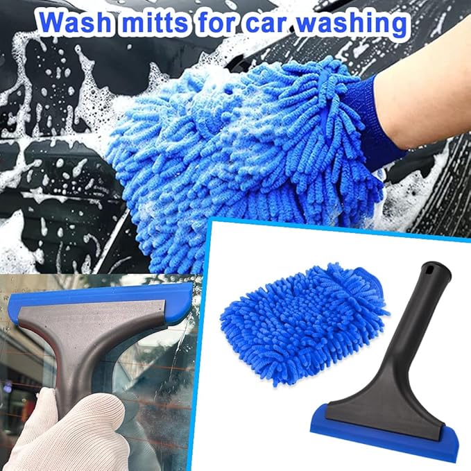 Window Tint Tool Small 6" Silicone Handy Cleaning Squeegee and Car Wash Mitt Chenille Microfiber Super Absorbent for Car Windshield, Window, Mirror, Glass Door,Shower(Blue)