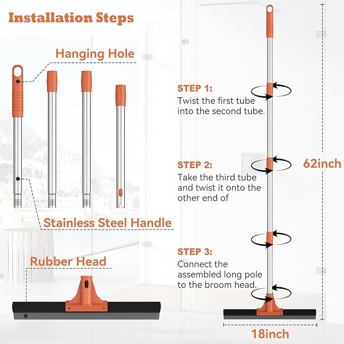Floor Squeegee for Concrete Floor,18" Large Heavy Duty Squeegee for Floor, Rubber Broom with 62" Long Handle for Bathroom Tile, Garage Concrete, Deck, Shower Glass, Window Cleaning