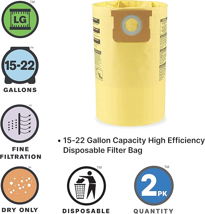 Shop-Vac 9067333 High Efficiency Disposable Filter Bags, Fits 15-22 Gallon Tanks, White, Ideal for Drywall and Cold Ashes, (2-Pack)