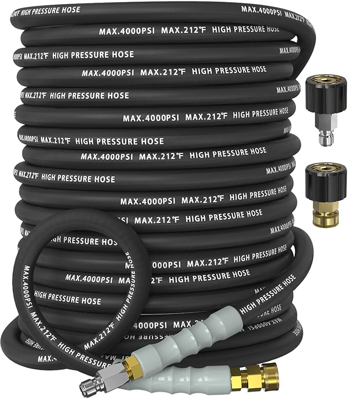 Pressure Washer Hose 75FT 4000 PSI, Kink Resistant Steel Braided Layer & NonMarking Rubber for Hot/Cold Water, High Power Washer Hose With 3/8 Inch Quick Connect & M22 Fitting, Black