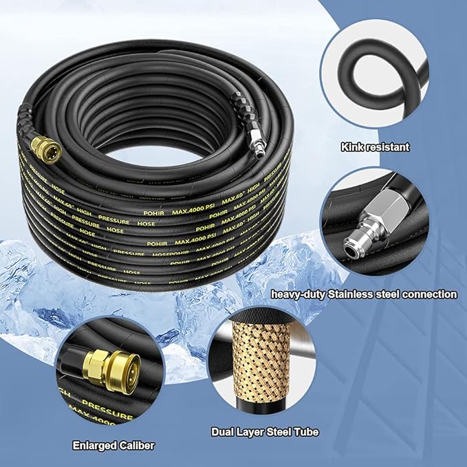 POHIR Power Washer Hose 100FT with 3/8'' Quick Connect, High Tensile Wire Braided Car Wash Water Hose with 2 Quick Connect Kits Compatible M22 14 mm, 1/4 Inch Hose for Pressure Washer, 4200 PSI