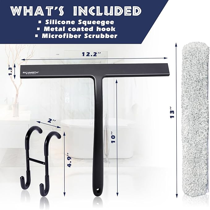 12 Inch Silicone Shower Squeegee for Glass Doors with Hook – Streak-Free Window Cleaner for Bathroom, Mirror, Tile & Car, No Scratch Squeegee with Metal Core (Black)