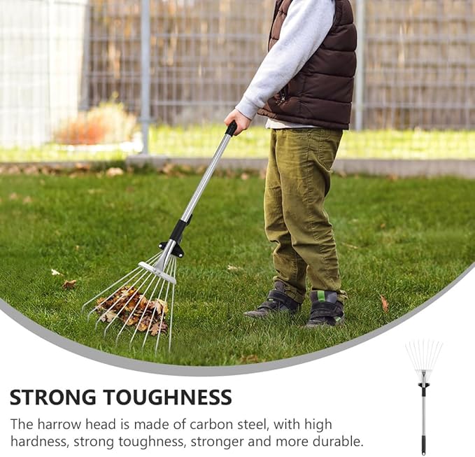 Gadpiparty Telescopic Leaf Rake with 9-Tooth Aluminum Handle for Garden Yard Leaf Cleanup Metal Garden Rake Tool Sturdy Lawn Cleaning Equipment