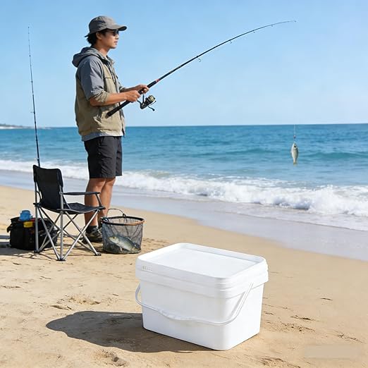 4 Pcs 3 Gallon Food Grade Bucket with Lid, Rectangular Bucket Pail with Plastic Handles for Storing Dry Food, Charcoal, Camping, Fishing (White)