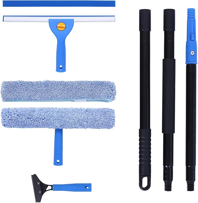 3-in-1 Professional Window Squeegee Kit with 2 Squeegee, 2 Microfiber Scrubber, 1 Razor Scraper, Thick Iron, 48.8" Window Squeegee with Extension Pole for Car, Glass, Mirror, Wall, Bathroom, Home, Van