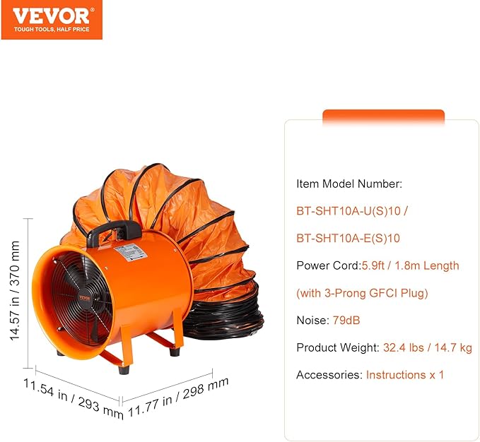 VEVOR Air Mover Blower Fan 10 Inch, 1893CFM 380W with 33ft Flexible Duct, Industrial Portable Ventilator Blower/Exhaust, Orange