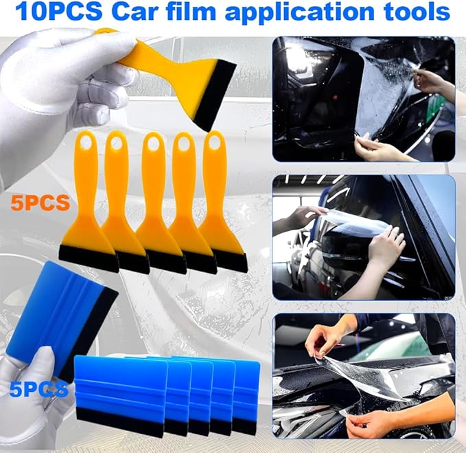 Black Felt Edge Squeegee Tool,Car Vinyl Film Wrapping Decal Glass Window Tint,Wallpaper Sticker Installation Spatula, Patching Putty Paint Flexible Small Plastic Scraper(Blue 5Pcs,Yellow 5Pcs)