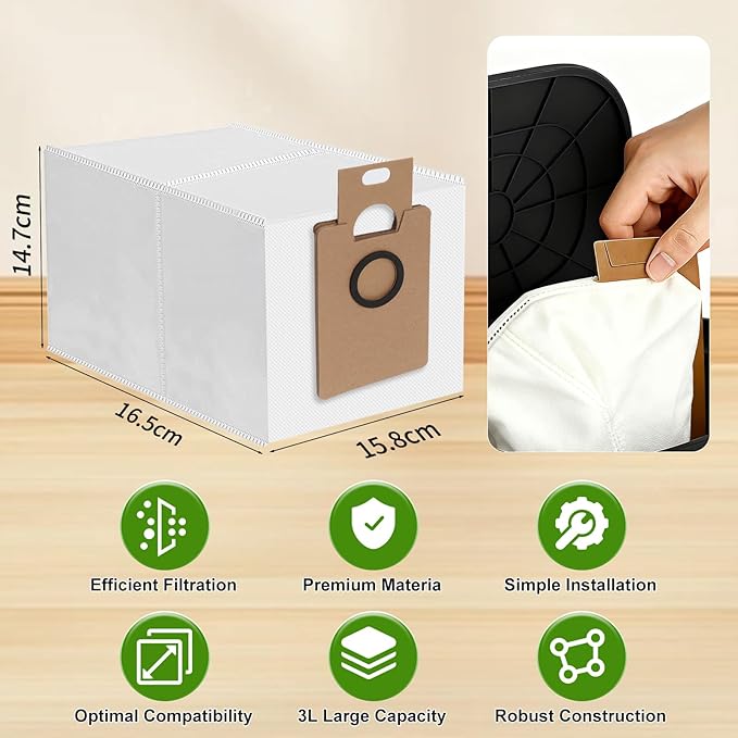 10-Pack Replacement Dust Bags for Tapo RV30 Max Plus/RV20 Max Plus - 4-Layer HEPA Filtration Vacuum Bags with 3L Large Capacity - Disposable Dust Bags for TP-Link Tapo Robot Vacuum Home Cleaning