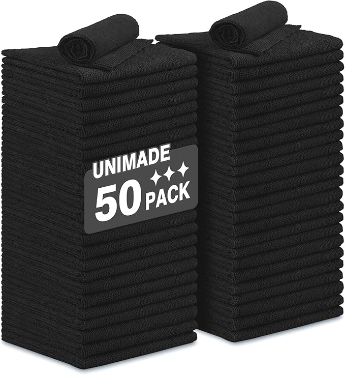Microfiber Cleaning Cloth, 50 Pack Microfiber Towels for Cars Reusable Shop Rags Bulk Lint Free Cleaning Towels for Car Kitchen Automotive Bar Mechanic Restaurant Garage, 11.5"x 11.5", Black