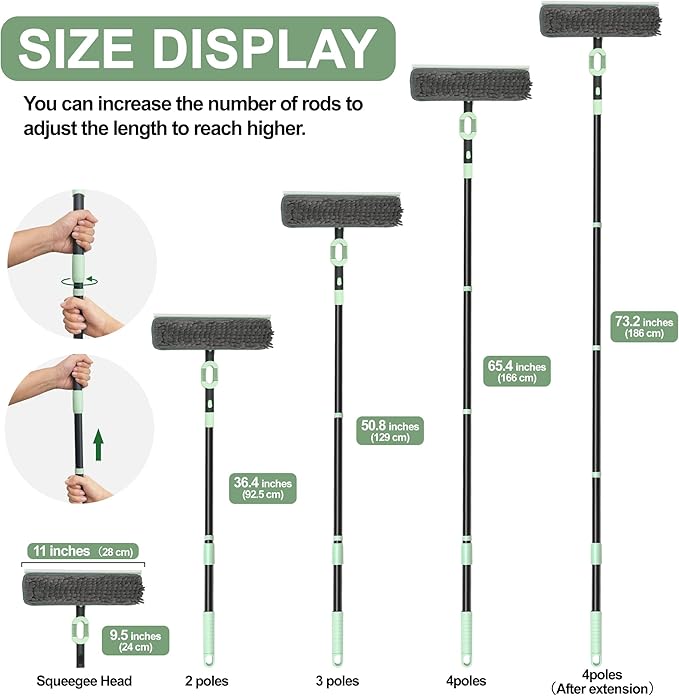 Window Squeegee Set 2-in-1 Window Cleaning Tool 73.6In Pole, Window Cleaner Squeegee for Home, Squeegee for Shower Glass, Car Window Squeegee Windshield Cleaner Tool