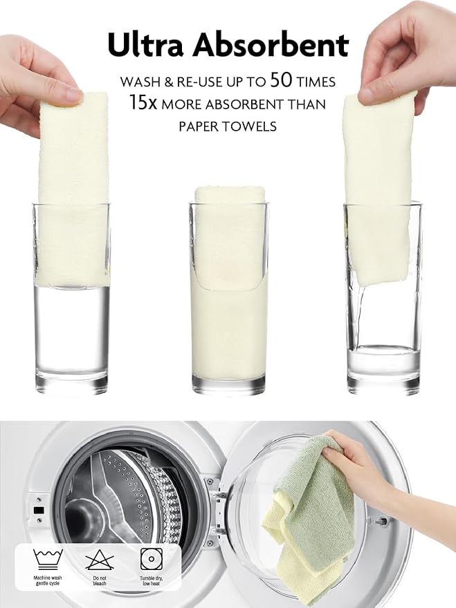 Fantasticlean Tear Away Dish Cloth - 40 Sheets - 10'' by 10'', Reusable Washable Kitchen Towel Rolls, Super Absorbent and Thick Microfiber Cleaning Cloths (2 Rolls of Beige and MossGreen)