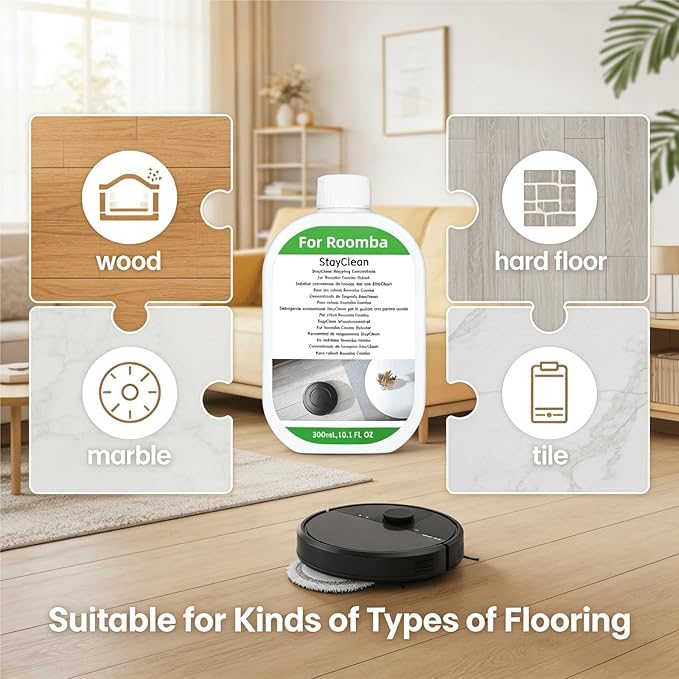 Floor Cleaner Liquid, 2 Bottle, 300ml Fresh Scent, Low Foam Formula, Deep Cleaning, Compatible with Roomba Plus 405/505/Max 705 Cleaning Robot