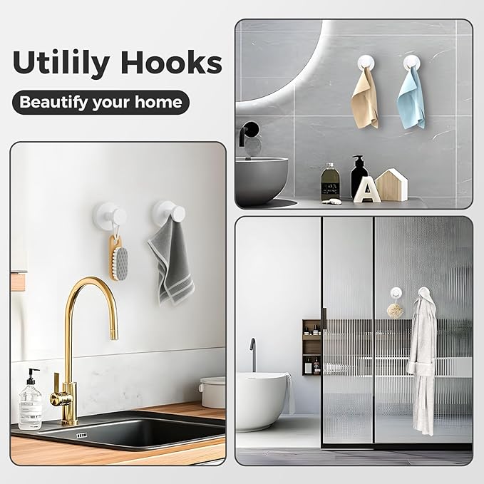 Shower Hooks for Inside Shower,Large Suction Cup Hooks for Glass Window,Removable Towel Hooks for Bathrooms,4 Packs(White)