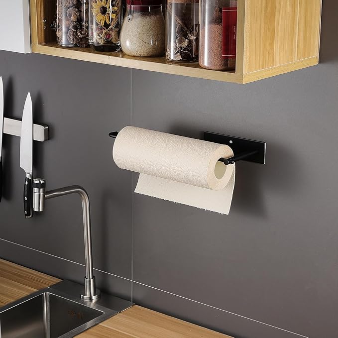 SUNTECH Paper Towel Holder Under Kitchen Cabinet - Self Adhesive Matte Black Towel Paper Holder Stick on Wall, SUS304 Stainless Steel