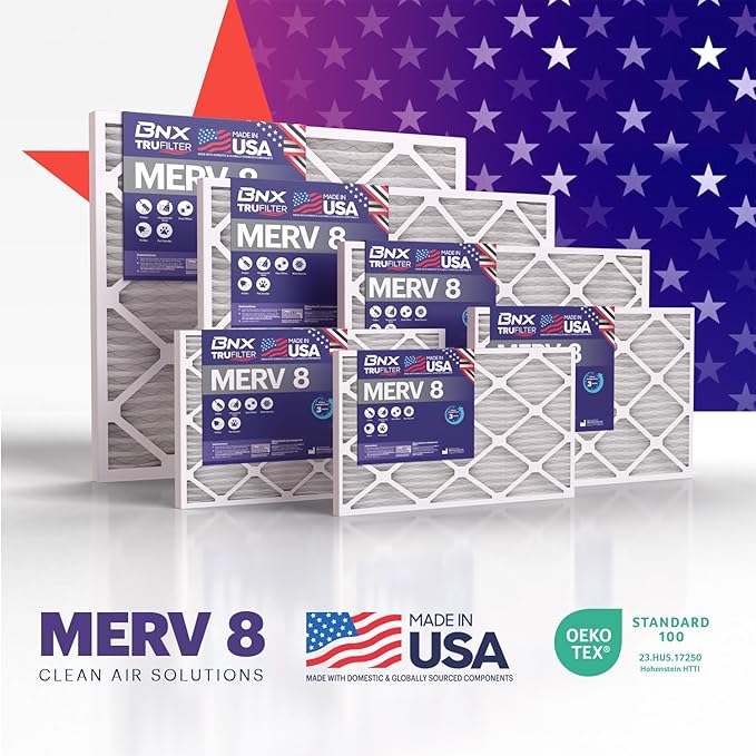 BNX TruFilter 12x20x1 Air Filter MERV 8 (6-Pack) - MADE IN USA – Dust & Pet Defense Pleated Air Conditioner HVAC AC Furnace Filters for Dust, Pet, Mold, Pollen MPR 600 – 700 & FPR 5