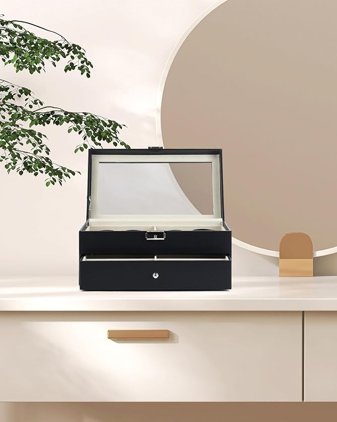 12 Slot Sunglasses Organizer, Lockable Leather Multi Eyeglasses Organizer with Drawers, Eyeglass Frames with Clear Glass Covers for Watch Jewelry Collection, Black