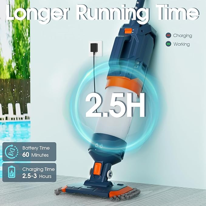 Heave Duty Pool Vacuum for Above Ground & Inground Pool - Powerful Suction 18.9GPM Running time up to 1H, Ideal for Most Debris, Handheld Rechargeable Pool Cleaner with Segmented Pole