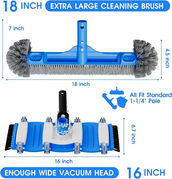 3-in-1 Pool Cleaning Kit Full Set - 18in Rounded End Pool Brush & Ergonomic Pool Vacuum Head with Wheels& Pool Nylon Net Fine Mesh for Above Ground In-ground Pools, Spas, Hot Tubs