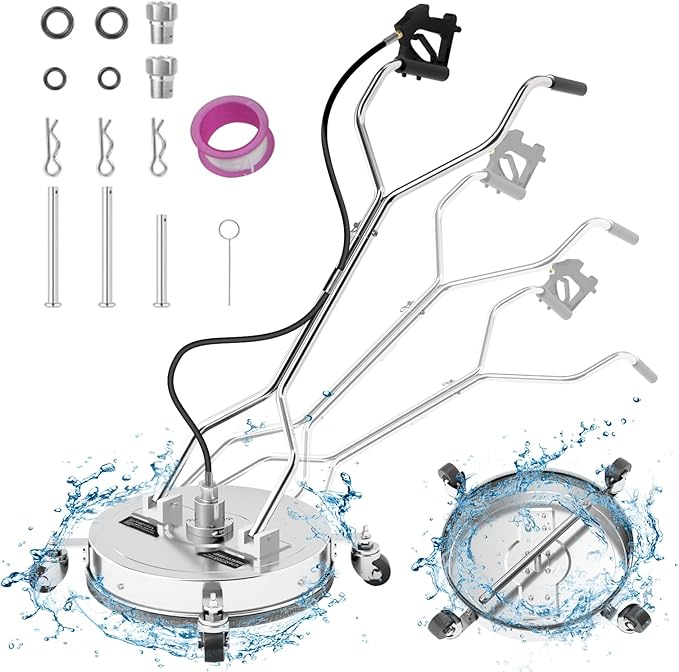 20" Pressure Washer Surface Cleaner with 304 Industrial-Grade Stainless Steel Housing, Dual Handle, Driveway Pressure Washer Attachment, 2 Replacement Nozzles, for Concrete, Sidewalk, Deck, 4500 PSI