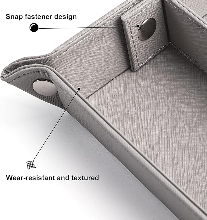 BONNY DODO Valet Tray for Men PU Leather Tray Organizer with Partition, Storage Keys, Watch & Practical Storage for Table Nightstand Living Room Bedroom (Gray)