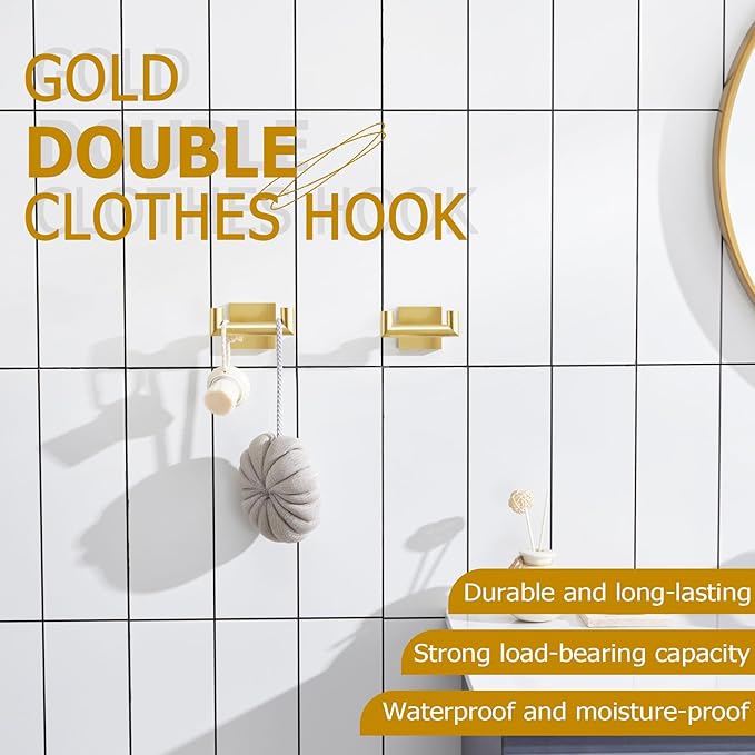 KOKOSIRI Robe Hooks Bathroom Double Towel Coat Hook for Bath Kitchen Wall Mounted, 2 Pack Brushed Gold Stainless Steel B1015BG-P2