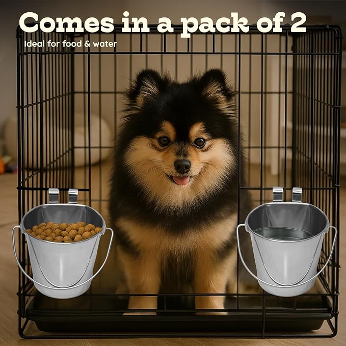 4 Quart Stainless Steel Flat Sided Bucket with Dual Hooks | 2 Pcs Durable Food & Water Bowl for Dogs Cats Goat & Livestock | Fits kennel Cage Critter Crate Hanging Pet Pail | Multipurpose