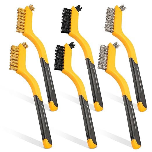 Wire Brush Set for Rust, Paint & Detail Cleaning – 6-Piece Brass, Stainless Steel & Nylon Brushes with Curved Handle for Tight Spaces, Metal, Tile & Household Use