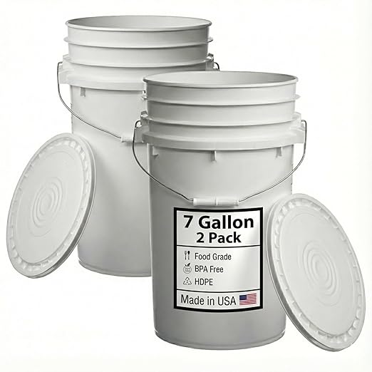 Hudson Exchange 7 Gallon (2 Pack) Large Bucket Pail Container with Easy Peel Lid, Food Grade BPA Free HDPE, White