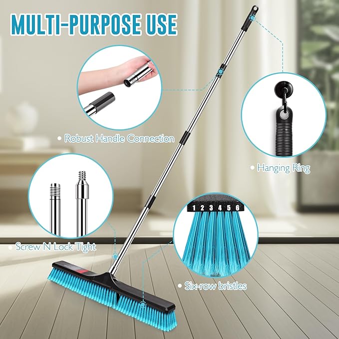 24" Push Broom, Heavy Duty Outdoor Commercial Broom for Cleaning with 55" Long Handle and Stiff Bristles, for Driveway Garage Yard Patio Warehouse Concrete Floor Cleaning