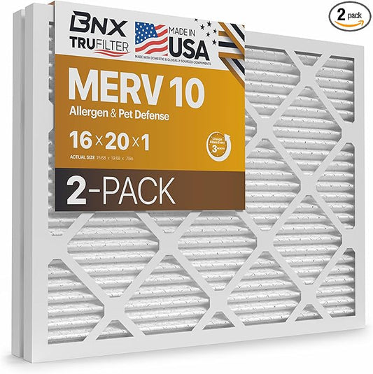 BNX TruFilter 16x20x1 MERV 10 (2-Pack) AC Furnace Air Filter - MADE IN USA - Pleated Air Conditioner HVAC AC Furnace Filters - Removes Odor, Mold, Bacteria, Smoke