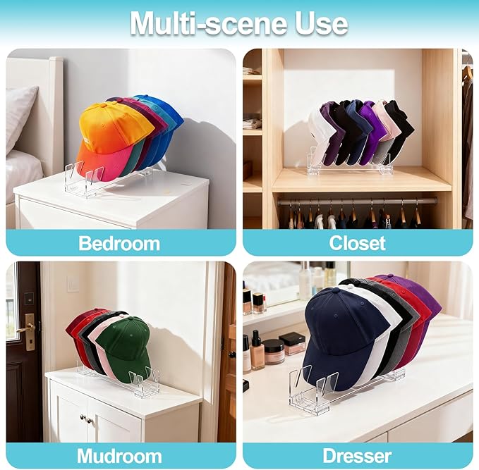 FAMOVELL® 4 Pack Acrylic Hat Organizer for Baseball Caps, Clear Hat Stand for Closet Dresser Bedroom and Shelf - Non-Slip Cap Holder Displays and Holds Up to 28 Tennis or Trucker Hats