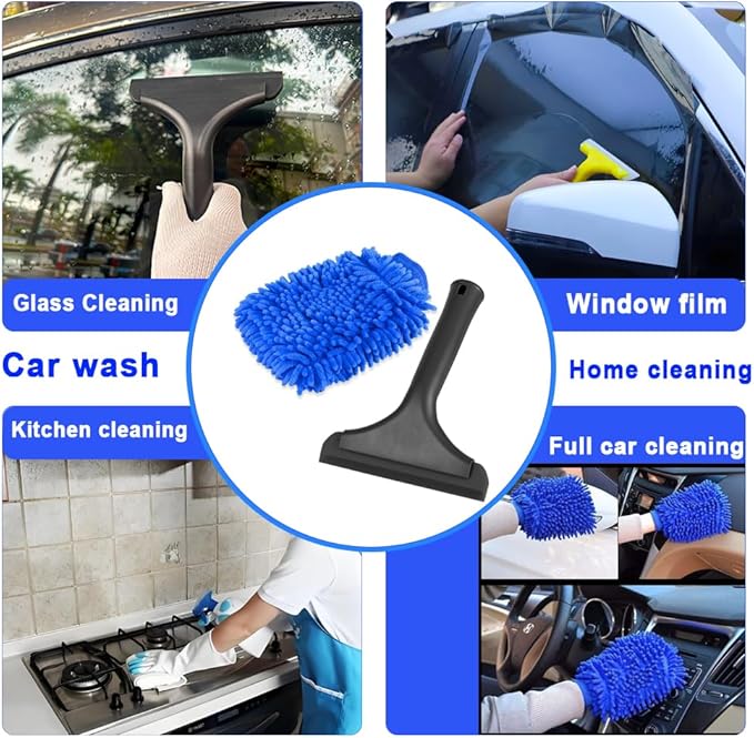 Window Tint Tool Small 6" Silicone Handy Cleaning Squeegee and Car Wash Mitt Chenille Microfiber Super Absorbent for Car Windshield, Window, Mirror, Glass Door,Shower(Black and Blue)